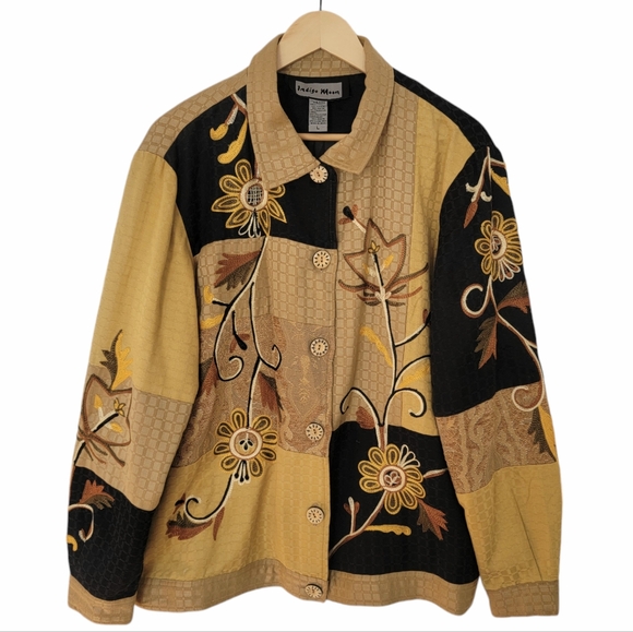 Vintage 90’s Jacket Lagenlook Black Tan Color Block Embroidered Patchwor… - Picture 3 of 16